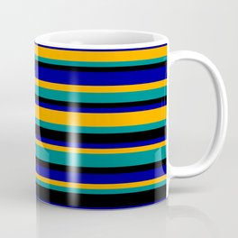 [ Thumbnail: Orange, Teal, Black, and Dark Blue Colored Stripes/Lines Pattern Coffee Mug ]