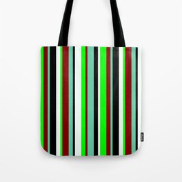 [ Thumbnail: Eyecatching Aquamarine, Maroon, Lime, Mint Cream & Black Colored Lined/Striped Pattern Tote Bag ]