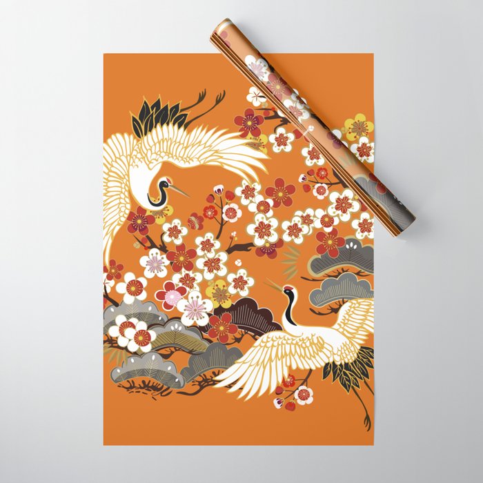 CRANES AND COLOR SAKURA. Colorful floral seamless pattern with flowers, japanese bird. Vintage traditional folk fashion ornament on Orange background. Wrapping Paper