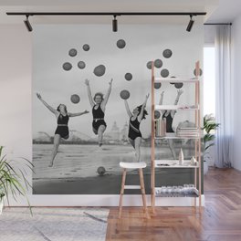Balloons dancers on the seashore female roaring twenties jazz age portrait black and white photograph - photography - photographs Wall Mural