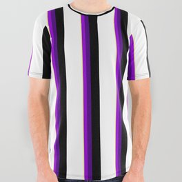 [ Thumbnail: Vibrant Tan, Dark Violet, Indigo, Black, and White Colored Pattern of Stripes All Over Graphic Tee ]