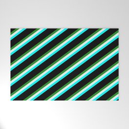[ Thumbnail: Forest Green, Mint Cream, Cyan & Black Colored Striped Pattern Welcome Mat ]