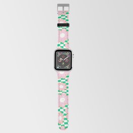 Simple Retro Flowers on Alternative Warped Checkerboard (Green & Pink) Apple Watch Band
