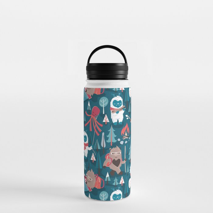 Besties // blue background white Yeti brown Bigfoot blue pine trees red and  coral details Water Bottle by Selma Cardoso