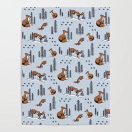 A Wintery Pattern Of Pouncing Foxes in a Snowy Forest Poster