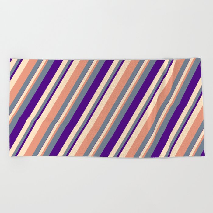 Slate Gray, Indigo, Bisque & Dark Salmon Colored Stripes/Lines Pattern Beach Towel