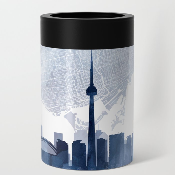 Toronto Skyline & Map Watercolor Navy Blue, Print by Zouzounio Art Can Cooler