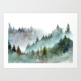 Watercolor Pine Forest Mountains in the Fog Art Print