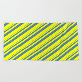 [ Thumbnail: Blue and Yellow Colored Striped Pattern Beach Towel ]