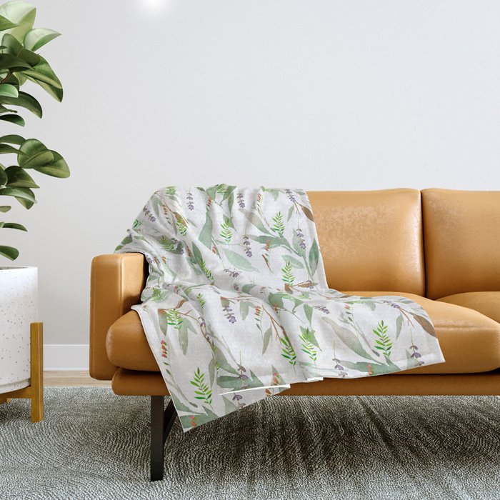 Abstract hand painted pink green lilac watercolor leaves floral Throw Blanket