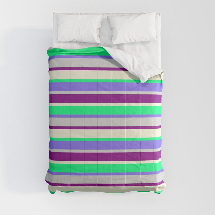 Colorful Green, Medium Slate Blue, Light Gray, Purple, and Beige Stripes/Lines Pattern Comforter