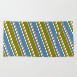 [ Thumbnail: Light Salmon, Green, White, and Blue Colored Striped Pattern Beach Towel ]
