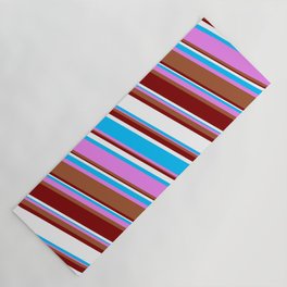 [ Thumbnail: Vibrant Violet, Sienna, Maroon, White, and Deep Sky Blue Colored Stripes Pattern Yoga Mat ]