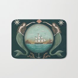 Sirens of the Sea by Donna Atkins Bath Mat | Mermaids, Donnaatkins, Schooner, Blue, Beach, Nautical, Lighthouse, Coral, Seashell, Curated 