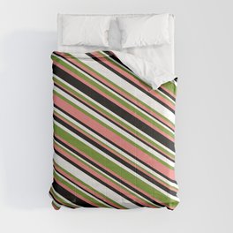 [ Thumbnail: Green, Light Coral, Black & White Colored Lined/Striped Pattern Comforter ]