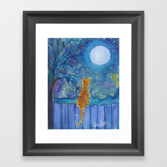 Cat on a fence in the moonlight Framed Art Print