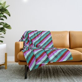 [ Thumbnail: Eyecatching Orchid, Turquoise, Dark Slate Gray, Light Sea Green & Maroon Colored Stripes Pattern Throw Blanket ]