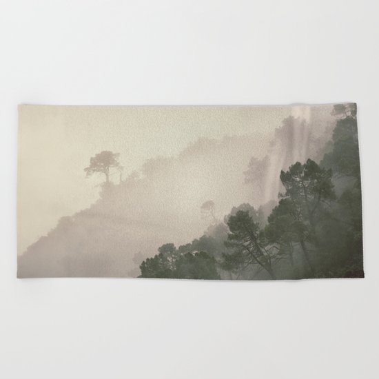 "Mountain light II". Foggy forest. Beach Towel