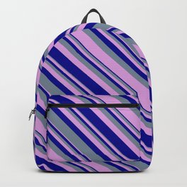 [ Thumbnail: Light Slate Gray, Plum, and Dark Blue Colored Lines/Stripes Pattern Backpack ]