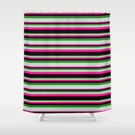 [ Thumbnail: Forest Green, Light Gray, Deep Pink, and Black Colored Stripes Pattern Shower Curtain ]