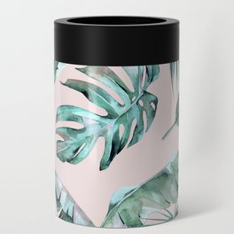 Tropical Palm Leaves Turquoise Green Coral Pink Can Cooler