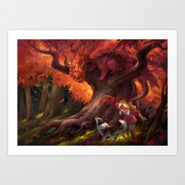 Autumn Leaves Art Print | Painting, Child, Tree, Autumn, Dragon, Digital, Dog 