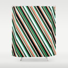 [ Thumbnail: Sea Green, Light Cyan, Dark Salmon, and Black Colored Striped/Lined Pattern Shower Curtain ]