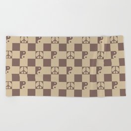 Checkered Peace Symbol & Yin Yang Pattern \\ Cocoa Mocha Color Palette Beach Towel