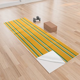 [ Thumbnail: Orange, Dark Green & Light Blue Colored Lined Pattern Yoga Towel ]