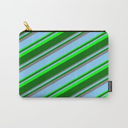 [ Thumbnail: Light Sky Blue, Lime, Dark Green & Grey Colored Striped Pattern Carry-All Pouch ]