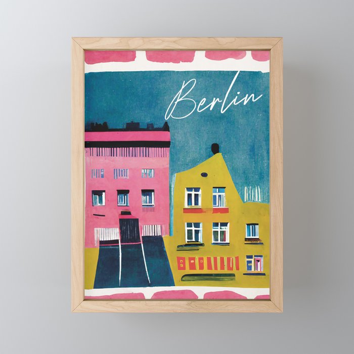Berlin Street Pink Yellow Gouache Travel Poster Retro Framed Mini Art Print