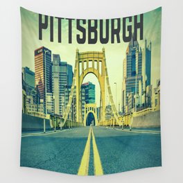 Pittsburgh Vintage City Bridge Text Print Wall Tapestry