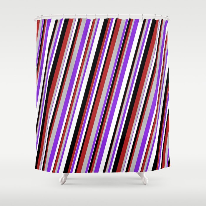 Red, Grey, Purple, White & Black Colored Striped Pattern Shower Curtain