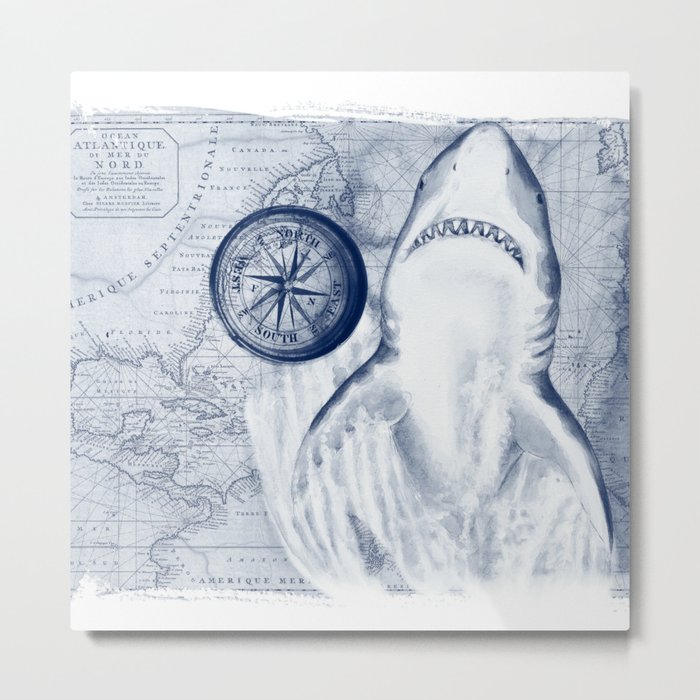 Great White Shark Compass Map Blue Metal Print