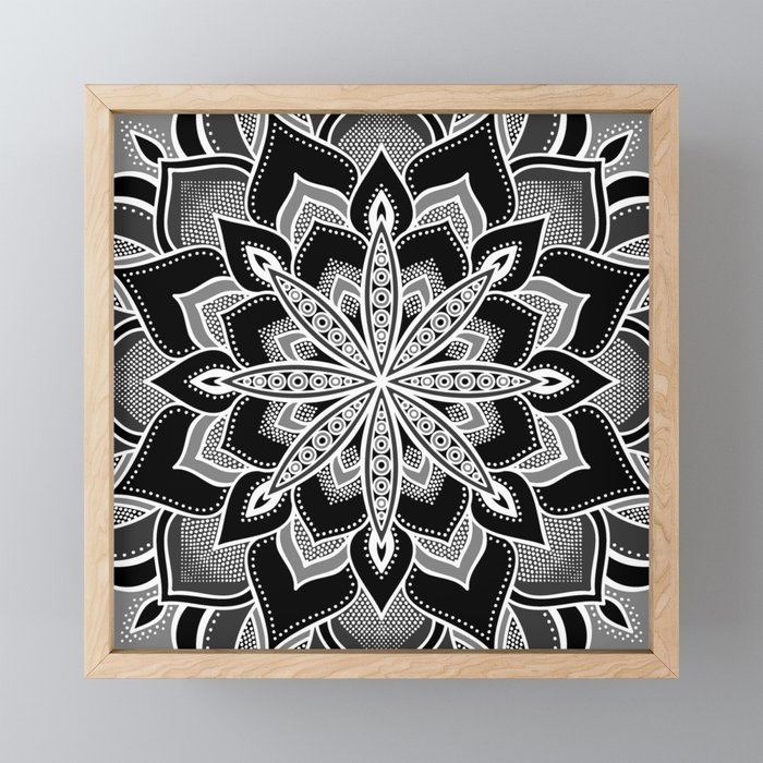 Mandala: Black Gray White Flower Framed Mini Art Print