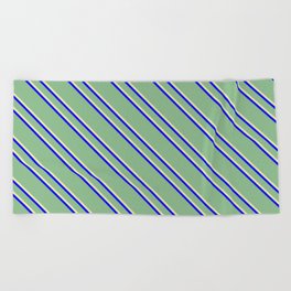 [ Thumbnail: Dark Sea Green, Pale Goldenrod, and Blue Colored Striped Pattern Beach Towel ]