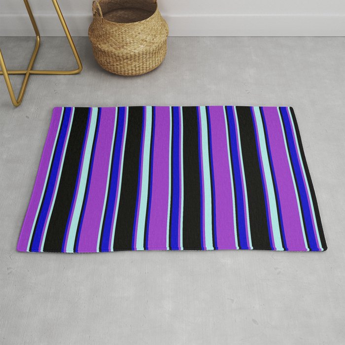 Dark Orchid, Turquoise, Black, and Blue Colored Striped/Lined Pattern Rug