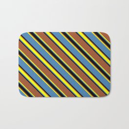 [ Thumbnail: Sienna, Yellow, Blue, and Black Colored Lines/Stripes Pattern Bath Mat ]