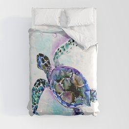 Sea Turtle Underwater Scene Artwork, turquoise blue, gray design beach Comforter