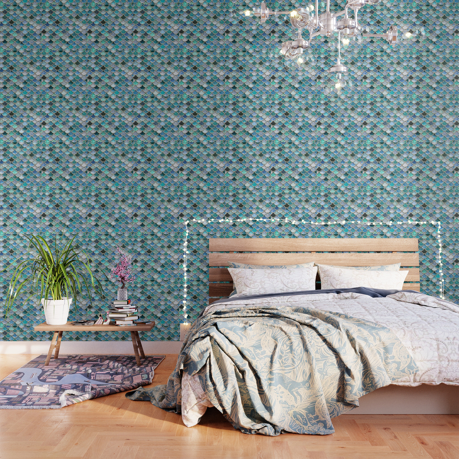 Multicolor Aqua Mermaid Scales Beautiful Abstract Glitter Pattern Wallpaper