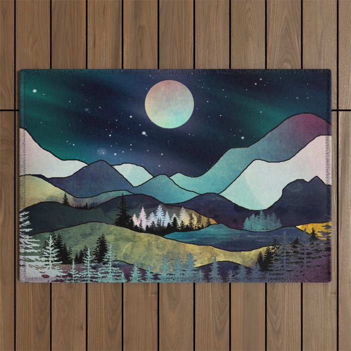 Mountains landscape full moon mixed media Outdoor Rug