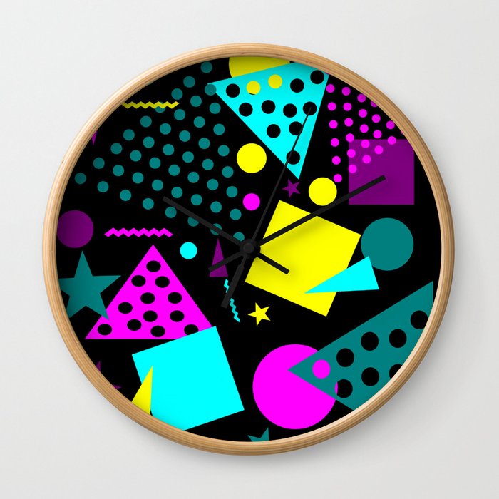 pattern 80s style retro vintage with black backgound Wall Clock