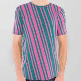 [ Thumbnail: Hot Pink and Teal Colored Pattern of Stripes All Over Graphic Tee ]
