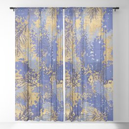 Watercolor navy blue purple gold floral Sheer Curtain