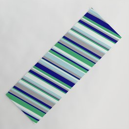 [ Thumbnail: Eye-catching Powder Blue, Dark Gray, Blue, Sea Green & Mint Cream Colored Striped Pattern Yoga Mat ]