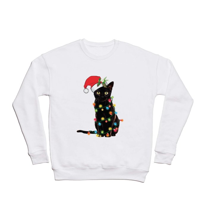 Santa Black Cat Tangled Up In Lights Christmas Santa Graphic Crewneck Sweatshirt