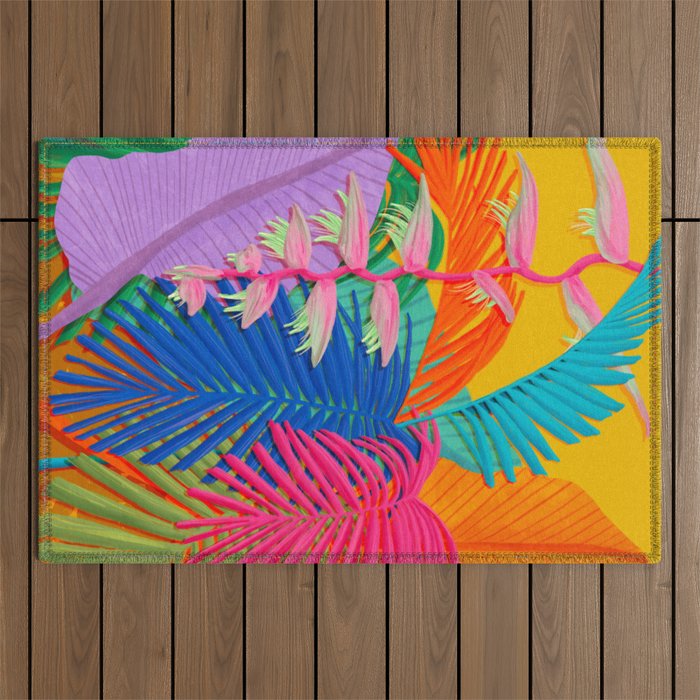 Flamingo Plant and Palm Fronds Outdoor Rug