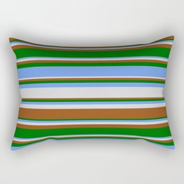 [ Thumbnail: Cornflower Blue, Light Grey, Brown & Dark Green Colored Pattern of Stripes Rectangular Pillow ]