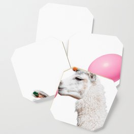 Funny Llama with Pink Balloon White Background Coaster