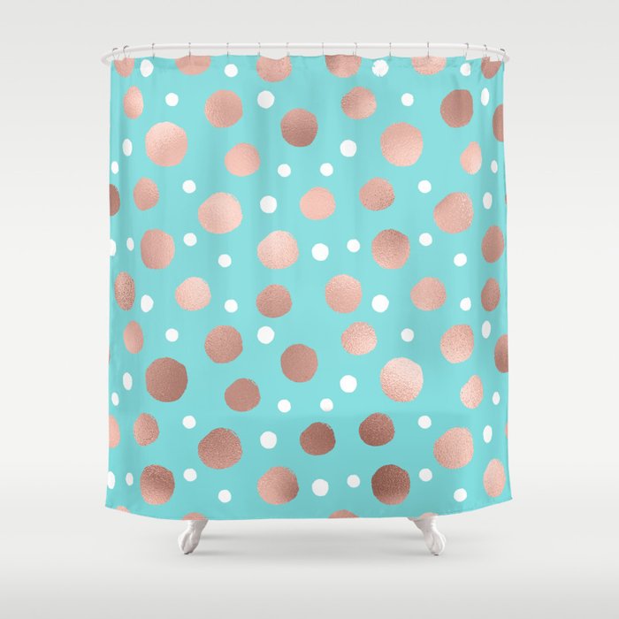 Modern Artsy Rose Gold Teal Polka Dots Shower Curtain